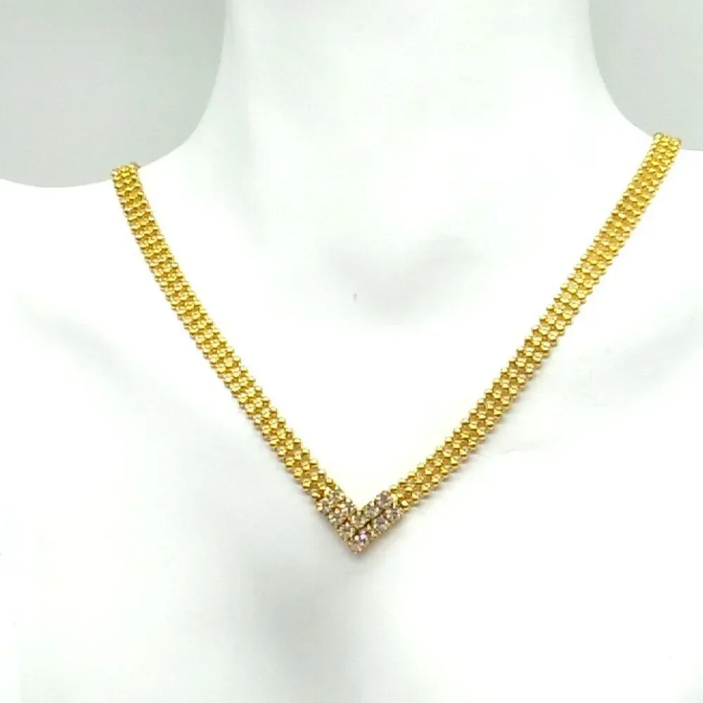 V Shaped Crystal Center Triple Row Delicate Round Gold-tone Beaded Necklace